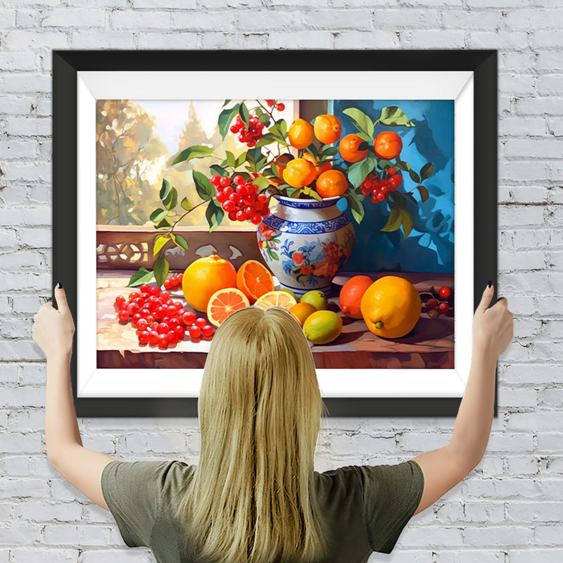 Himbeeren und Orangen auf der Fensterbank Diamond Painting