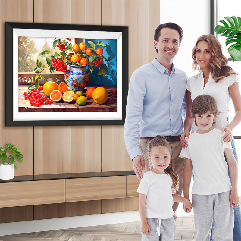 Himbeeren und Orangen auf der Fensterbank Diamond Painting