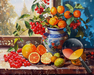 Himbeeren und Orangen auf der Fensterbank Diamond Painting
