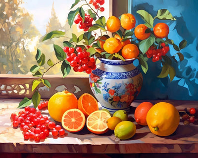 Himbeeren und Orangen auf der Fensterbank Diamond Painting