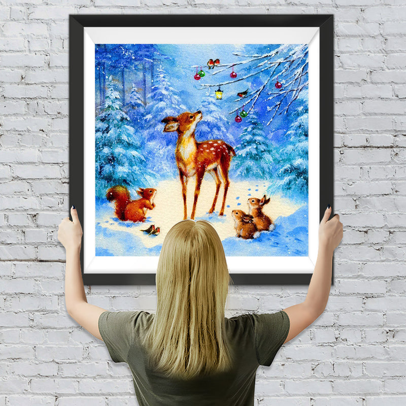 Hirsch, Eichhörnchen und Kaninchen im Schnee Diamond Painting