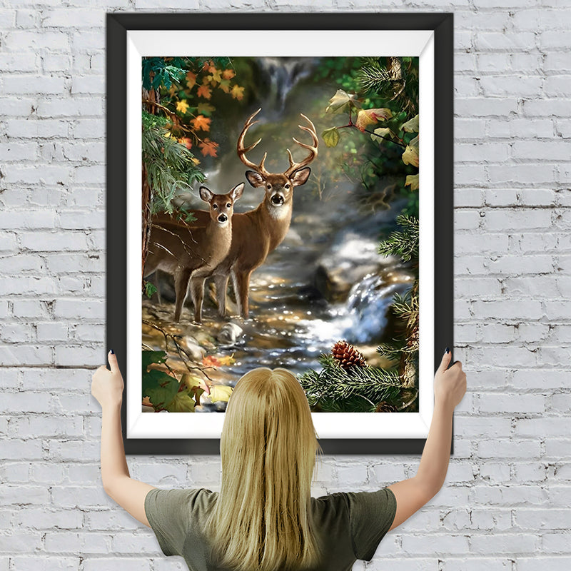 Hirsche am Fluss im Wald Diamond Painting