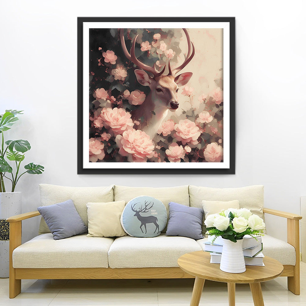 Hirsche umgeben von rosa Blumen Diamond Painting