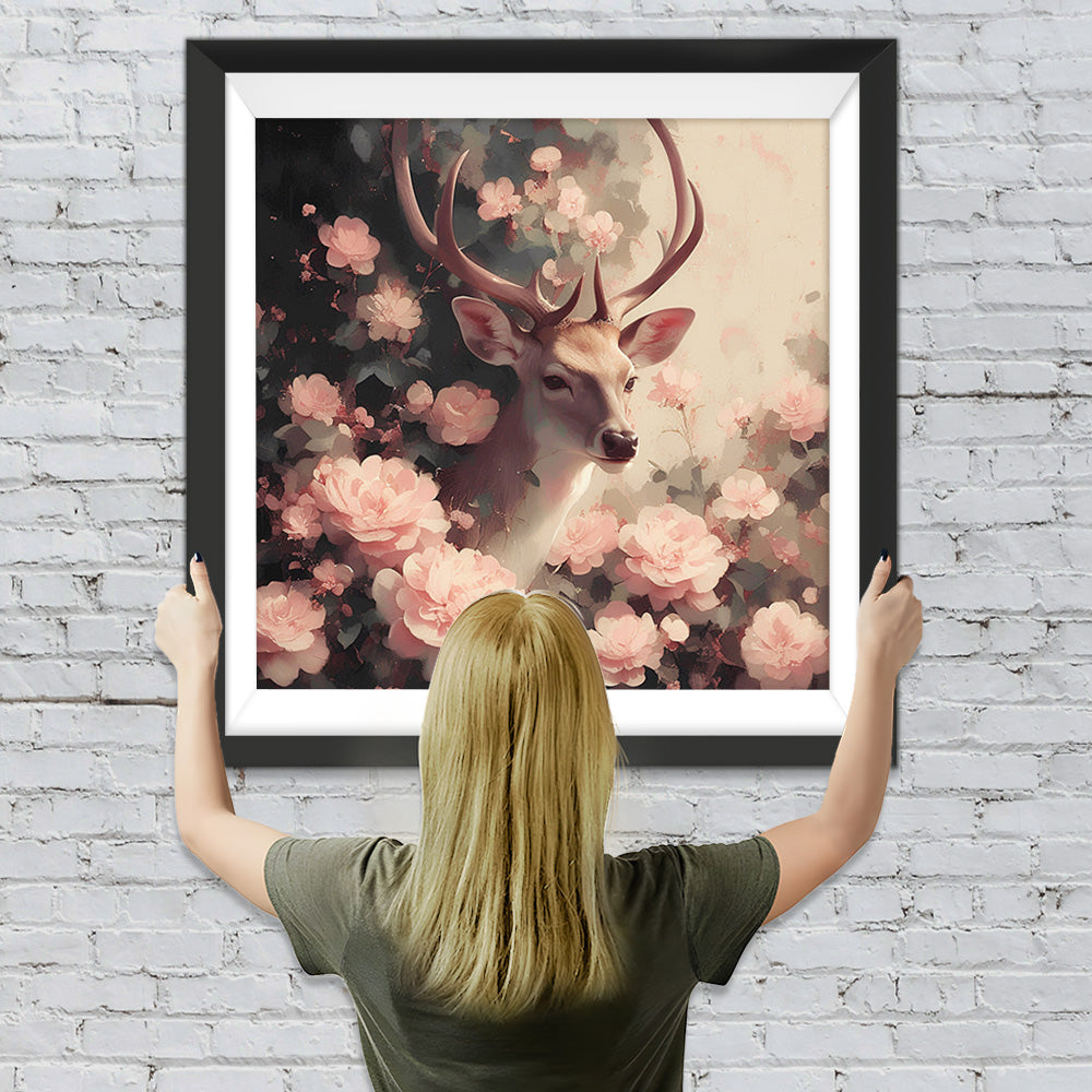 Hirsche umgeben von rosa Blumen Diamond Painting
