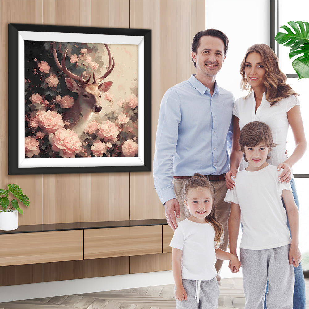 Hirsche umgeben von rosa Blumen Diamond Painting