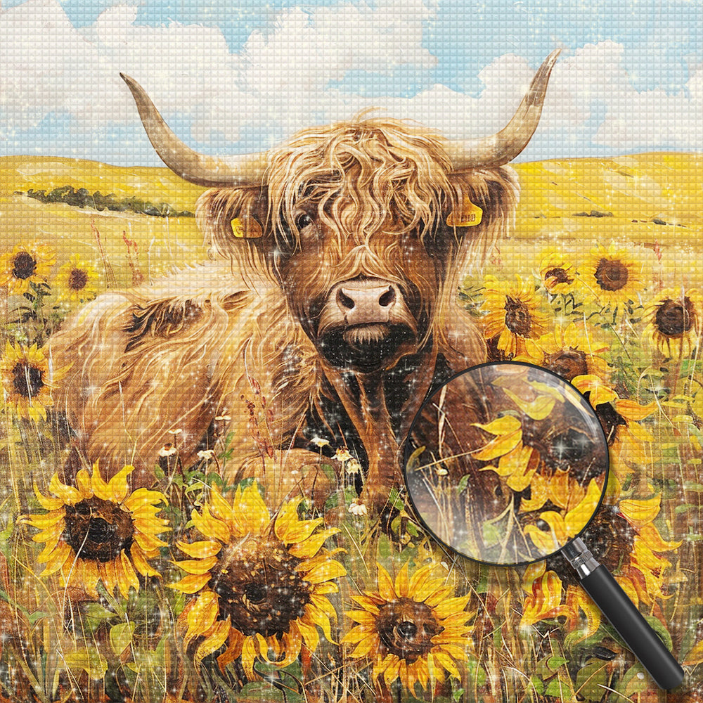 Hochlandkuh und Sonnenblumen Diamond Painting
