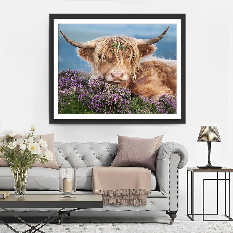 Hochlandkuh zwischen lila Blumen Diamond Painting