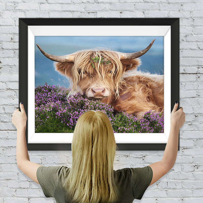 Hochlandkuh zwischen lila Blumen Diamond Painting