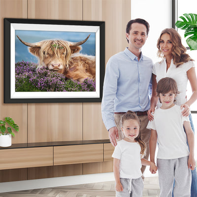 Hochlandkuh zwischen lila Blumen Diamond Painting