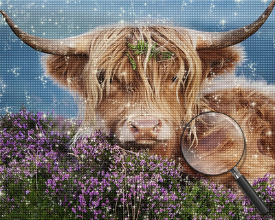 Hochlandkuh zwischen lila Blumen Diamond Painting