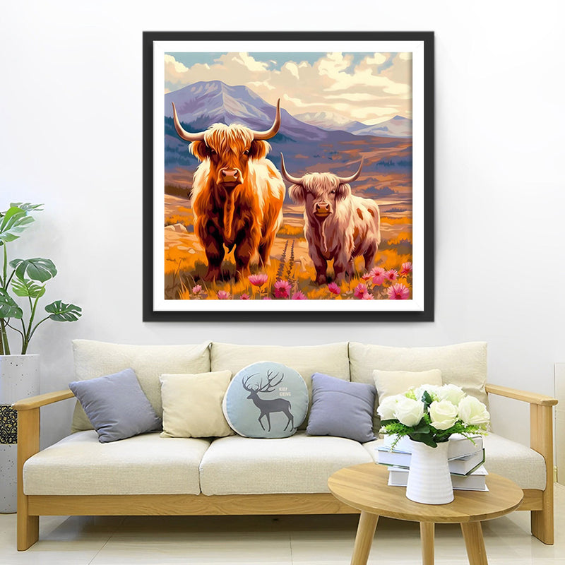 Hochlandrinder am Fuße des Berges Diamond Painting