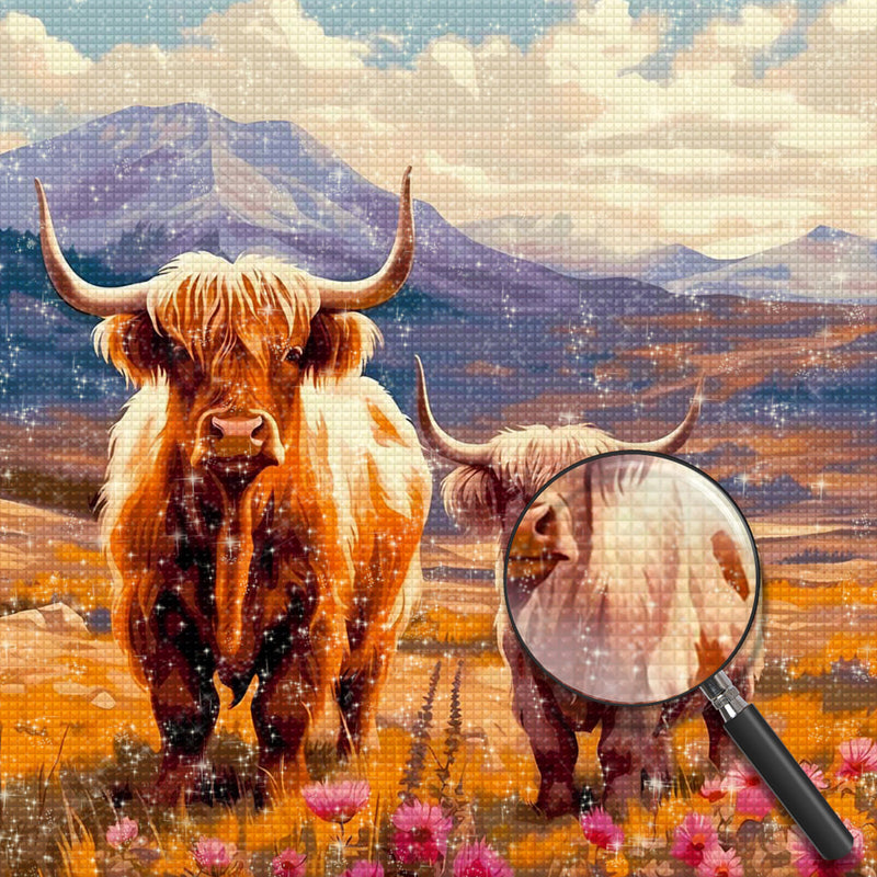 Hochlandrinder am Fuße des Berges Diamond Painting