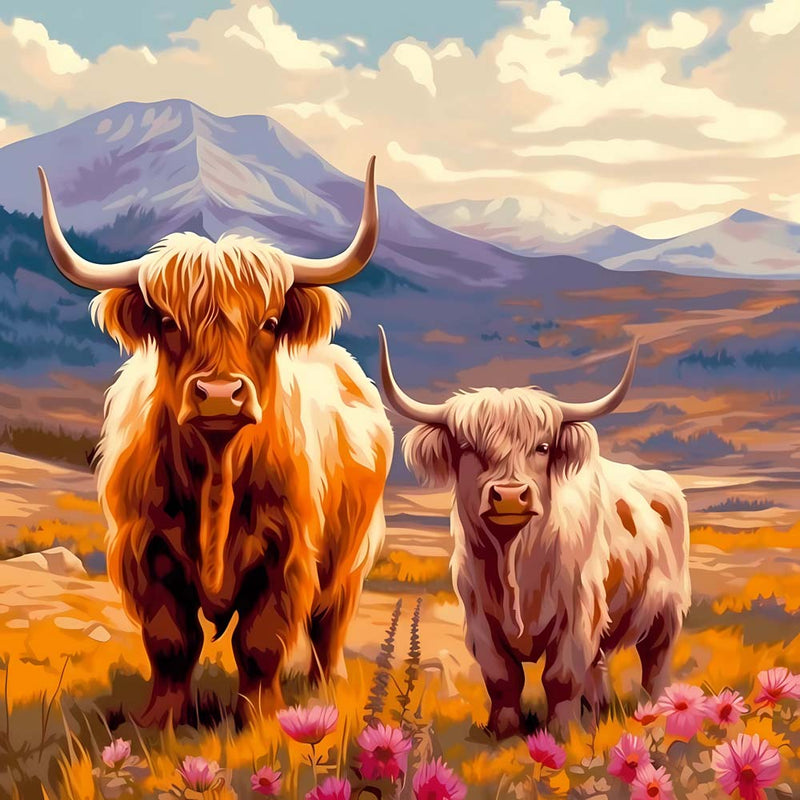 Hochlandrinder am Fuße des Berges Diamond Painting