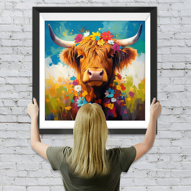Hochlandrinder und Blümchen Diamond Painting