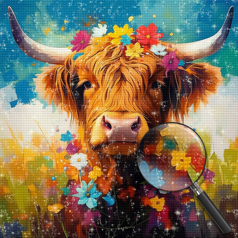 Hochlandrinder und Blümchen Diamond Painting