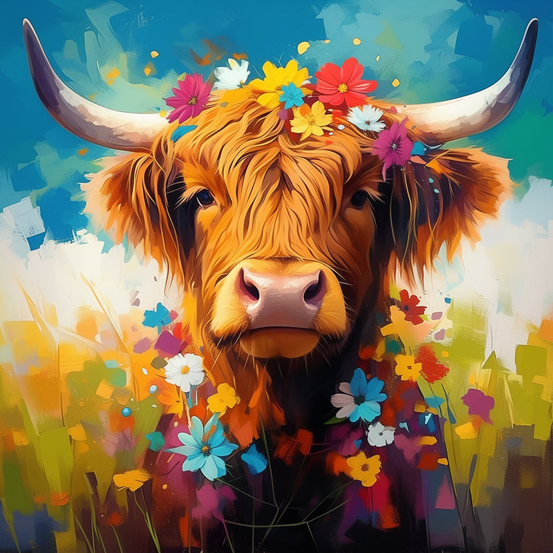 Hochlandrinder und Blümchen Diamond Painting