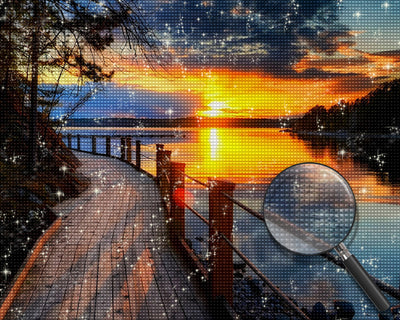 Hölzerne Veranda am See bei Sonnenuntergang Diamond Painting