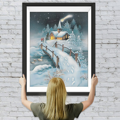 Holzbrücke und Hütte im Schnee Diamond Painting