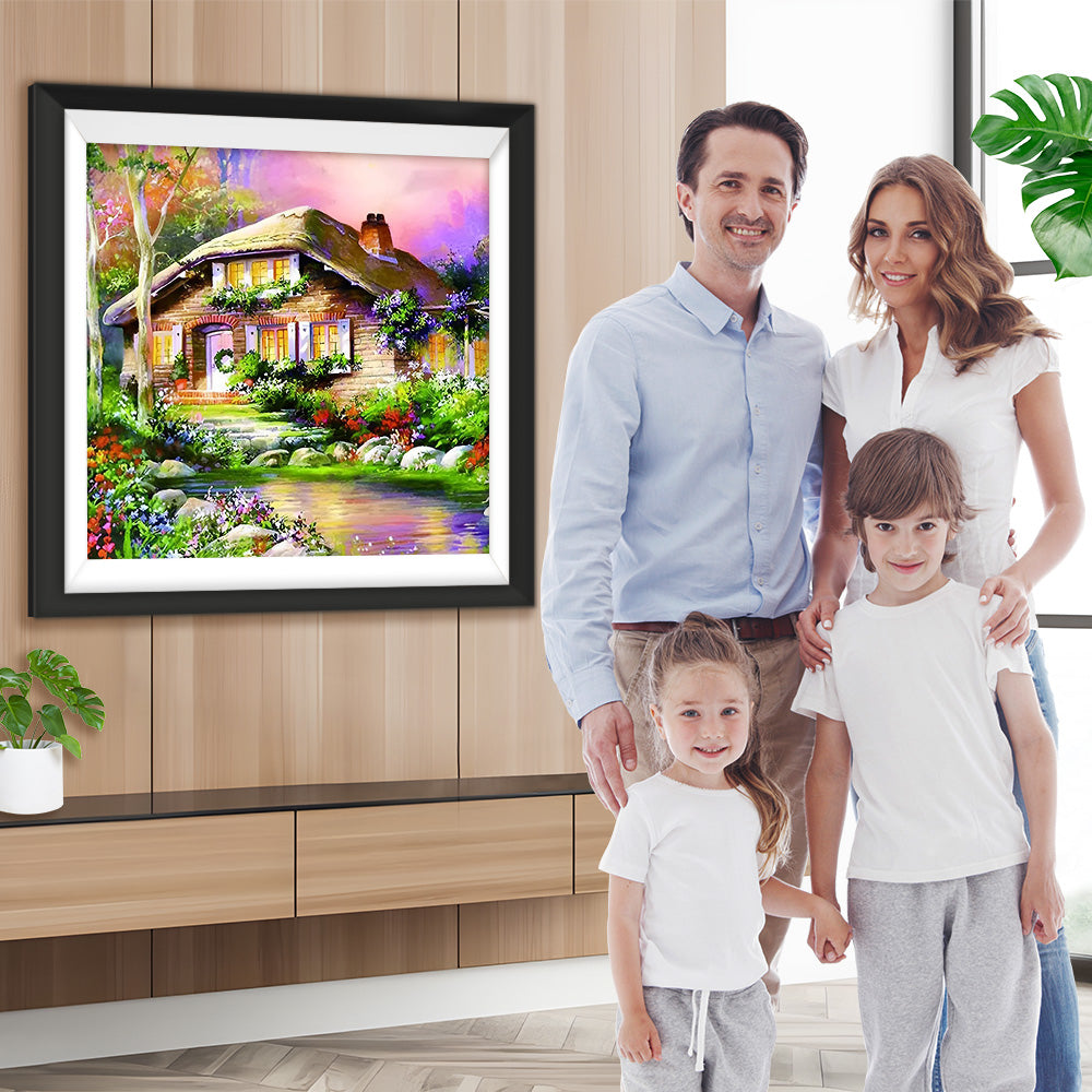 Holzhütte und Garten im Frühling Diamond Painting