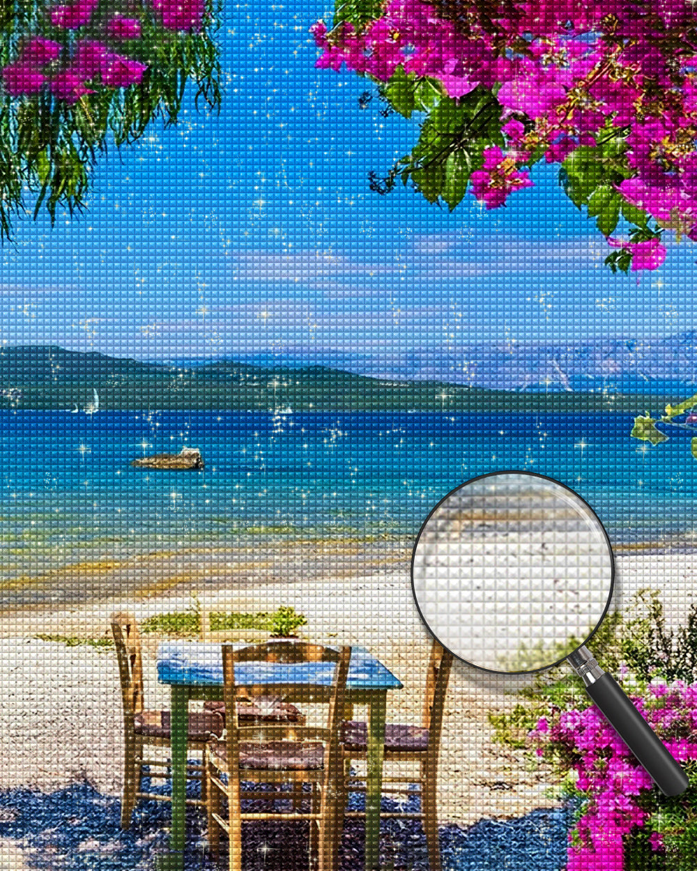 Holztisch und Stühle am Meer Diamond Painting