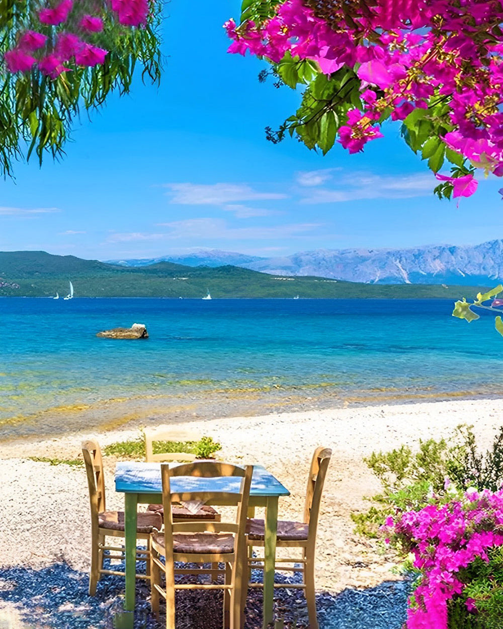 Holztisch und Stühle am Meer Diamond Painting