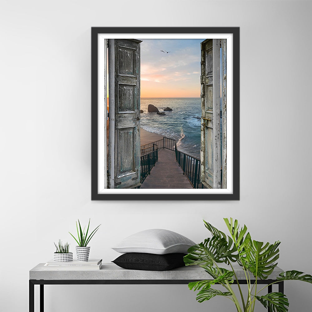 Holztür und Treppe am Meer Diamond Painting