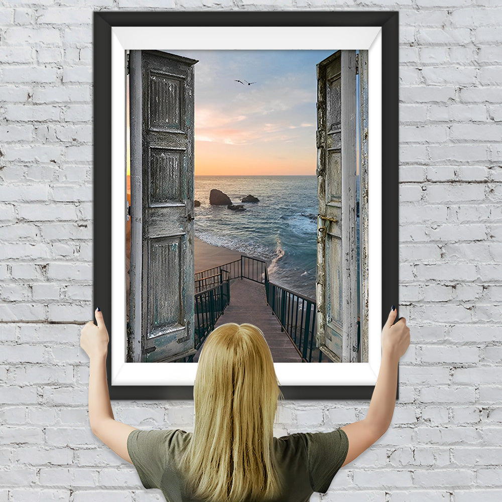 Holztür und Treppe am Meer Diamond Painting