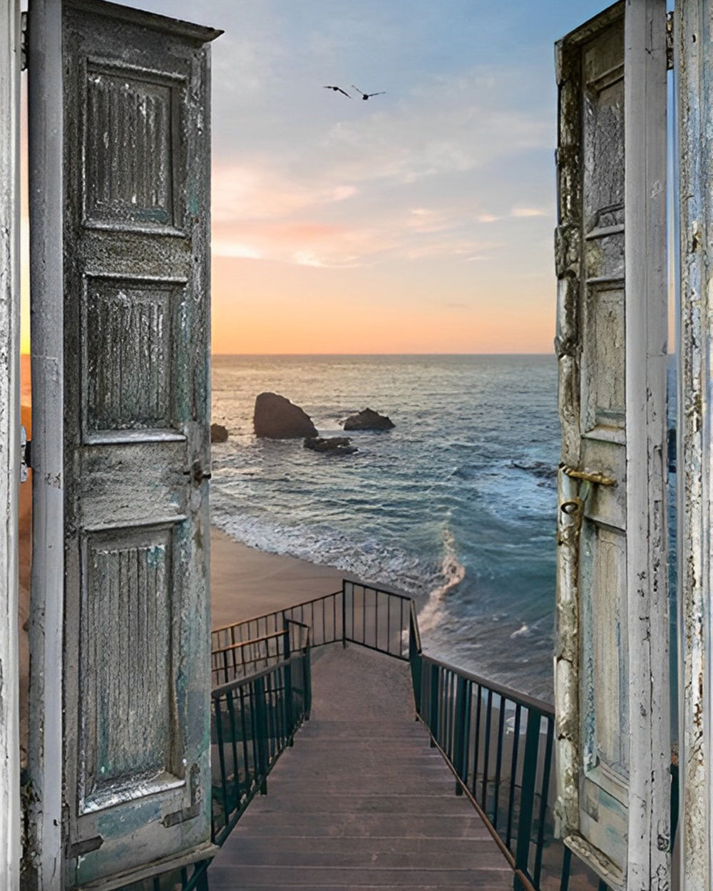 Holztür und Treppe am Meer Diamond Painting