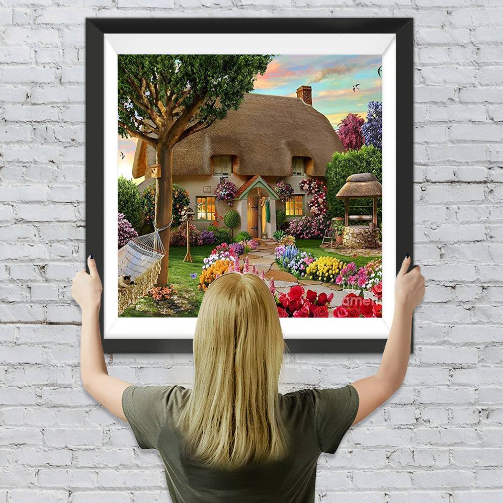 Hütte Blumen Garten Diamond Painting