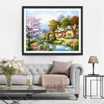 Hütte, Fluss und Brücke Diamond Painting