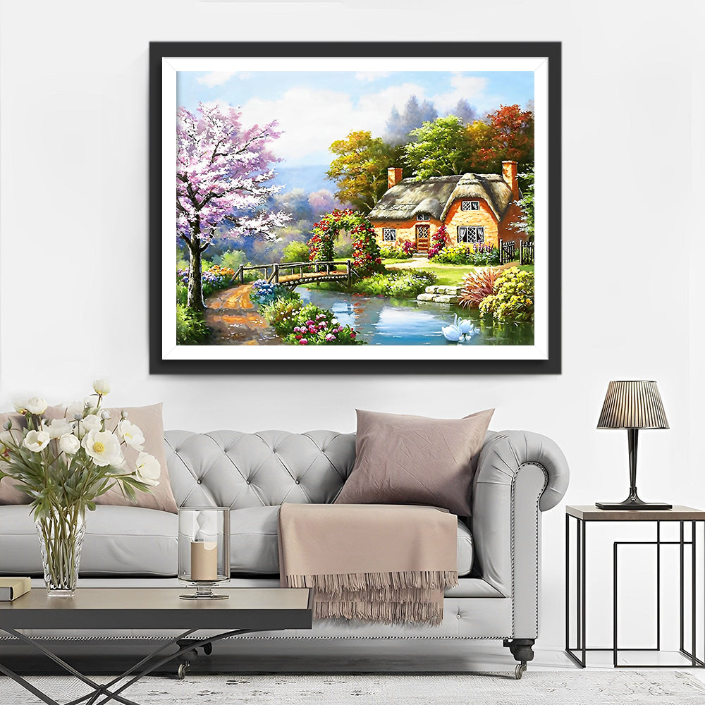 Hütte, Fluss und Brücke Diamond Painting