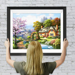 Hütte, Fluss und Brücke Diamond Painting