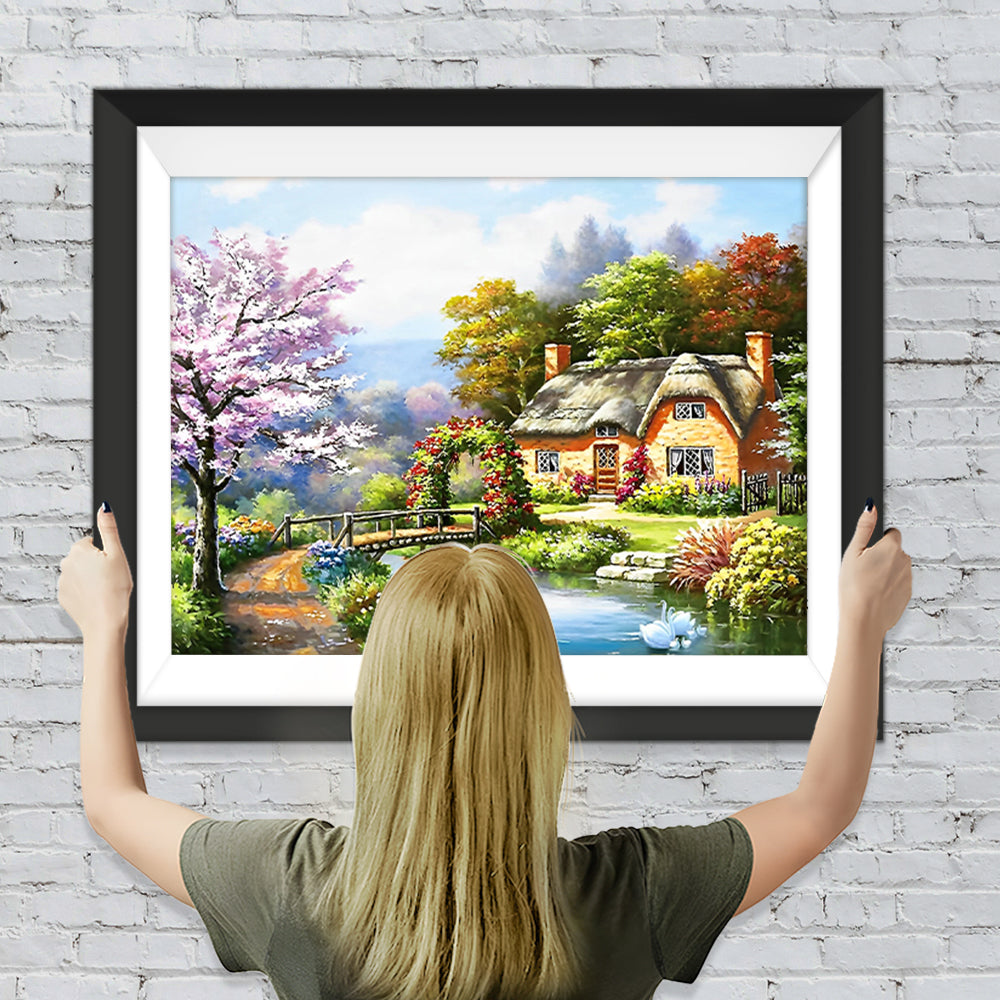 Hütte, Fluss und Brücke Diamond Painting