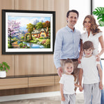 Hütte, Fluss und Brücke Diamond Painting