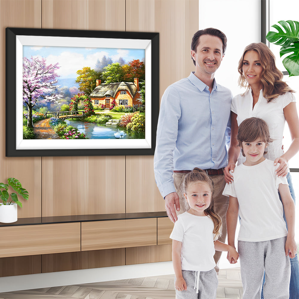 Hütte, Fluss und Brücke Diamond Painting