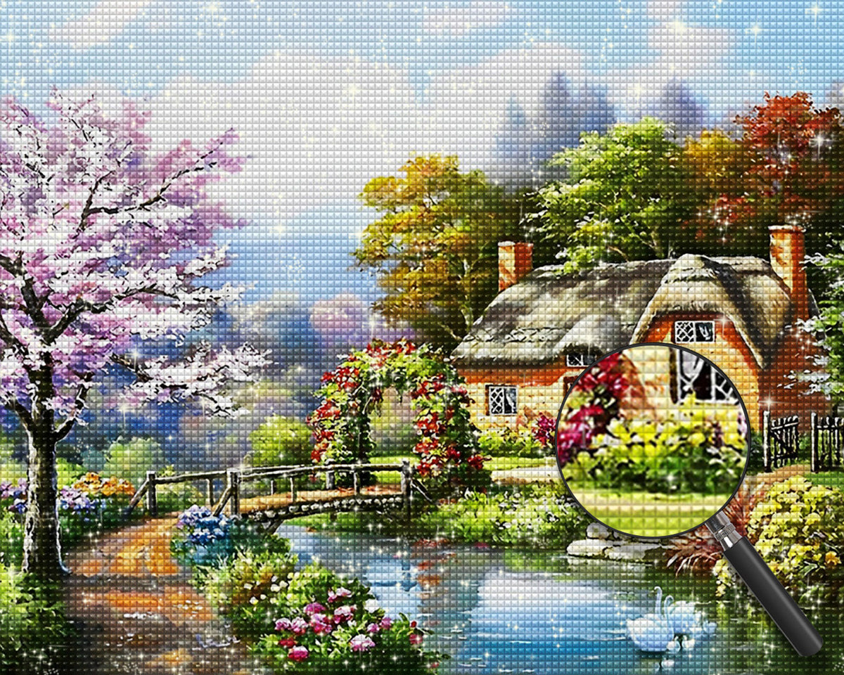 Hütte, Fluss und Brücke Diamond Painting