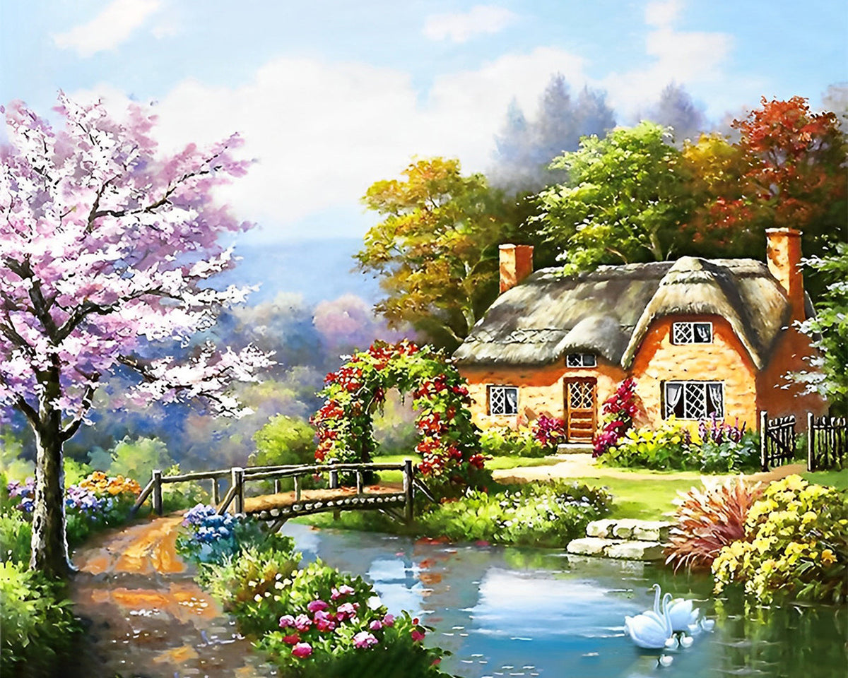 Hütte, Fluss und Brücke Diamond Painting