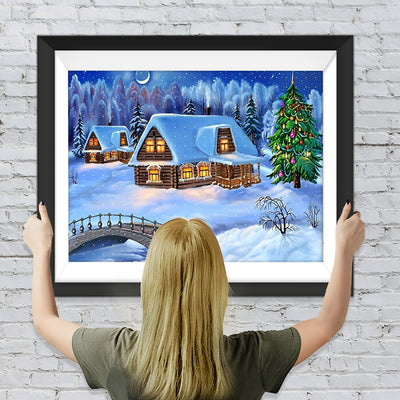 Hütte neben dem Weihnachtsbaum Diamond Painting