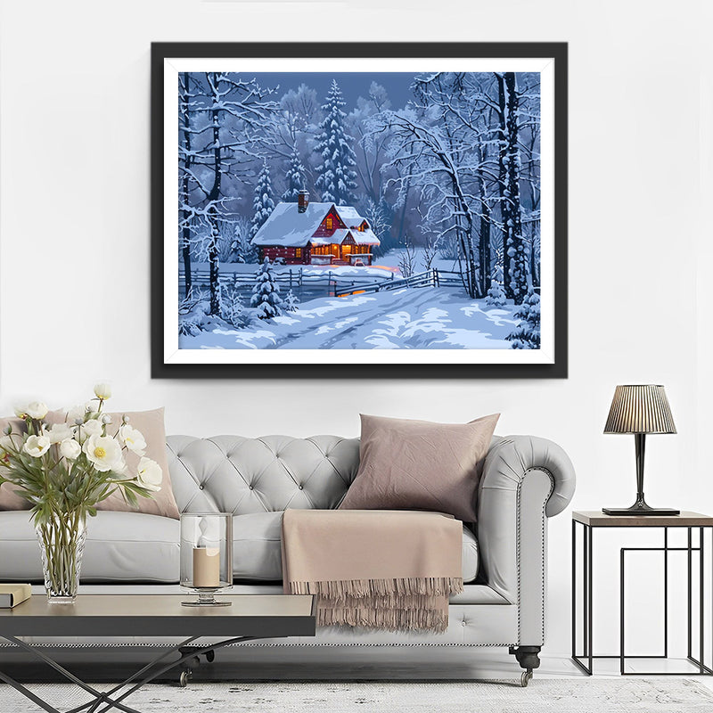 Hütte und Wald im Schnee Diamond Painting