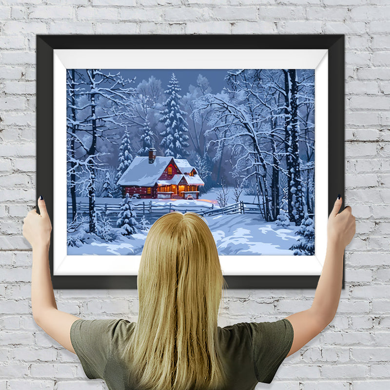 Hütte und Wald im Schnee Diamond Painting