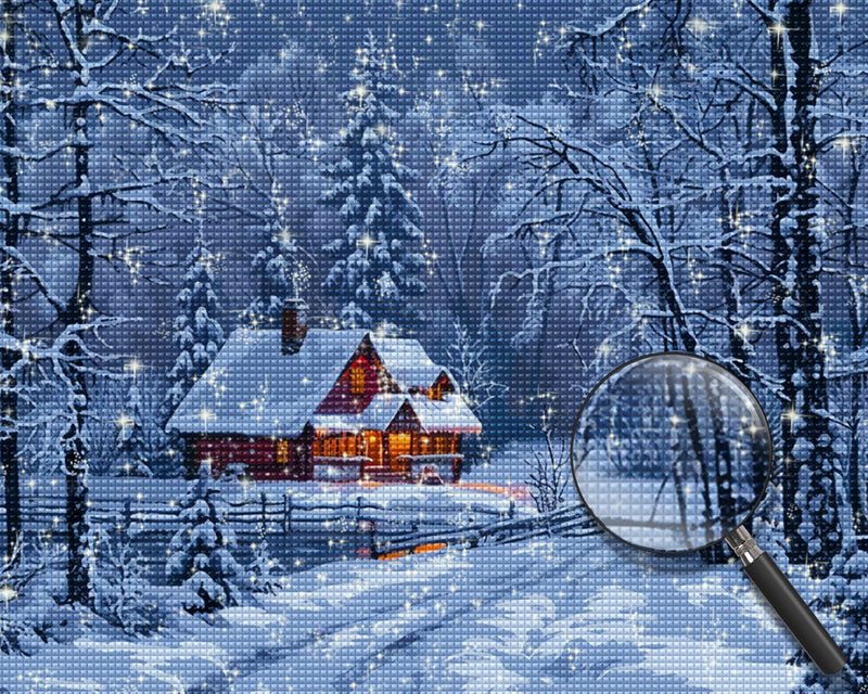Hütte und Wald im Schnee Diamond Painting