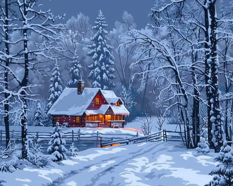 Hütte und Wald im Schnee Diamond Painting