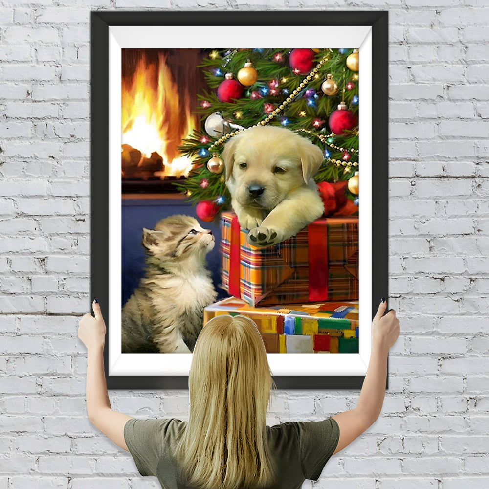 Hund auf Weihnachtsgeschenken und Katze Diamond Painting