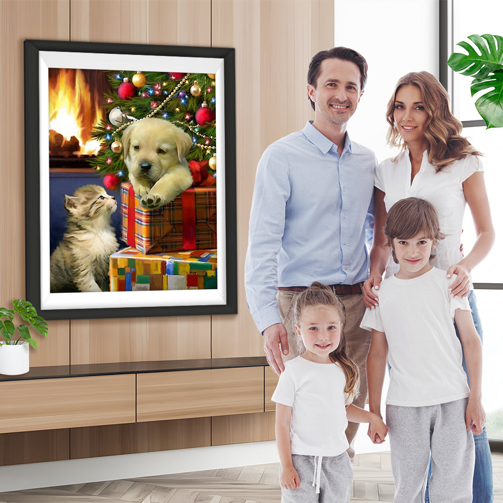 Hund auf Weihnachtsgeschenken und Katze Diamond Painting