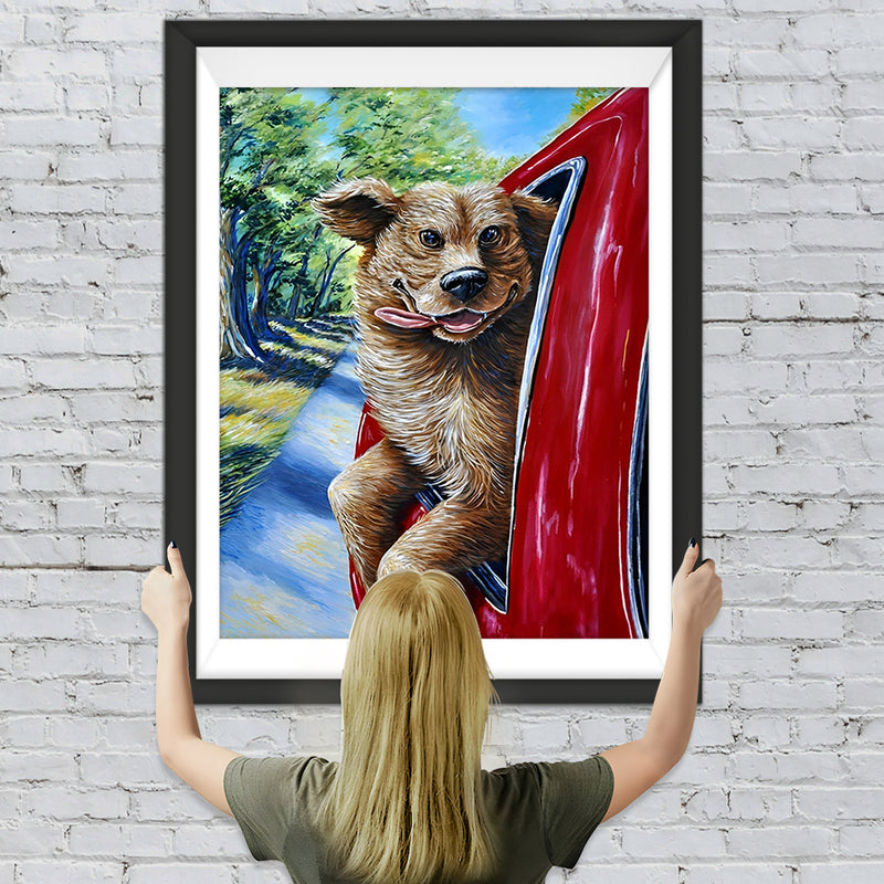 Hund im roten Wagen Diamond Painting