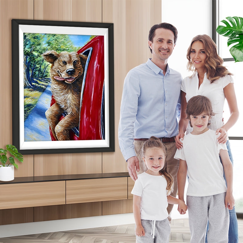 Hund im roten Wagen Diamond Painting