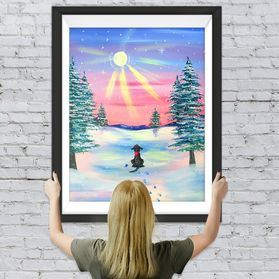 Hund im Schnee bei Sonnenaufgang Diamond Painting