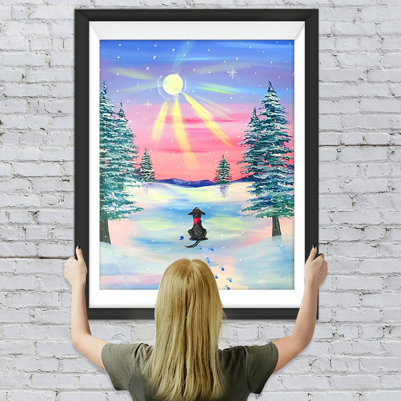 Hund im Schnee bei Sonnenaufgang Diamond Painting