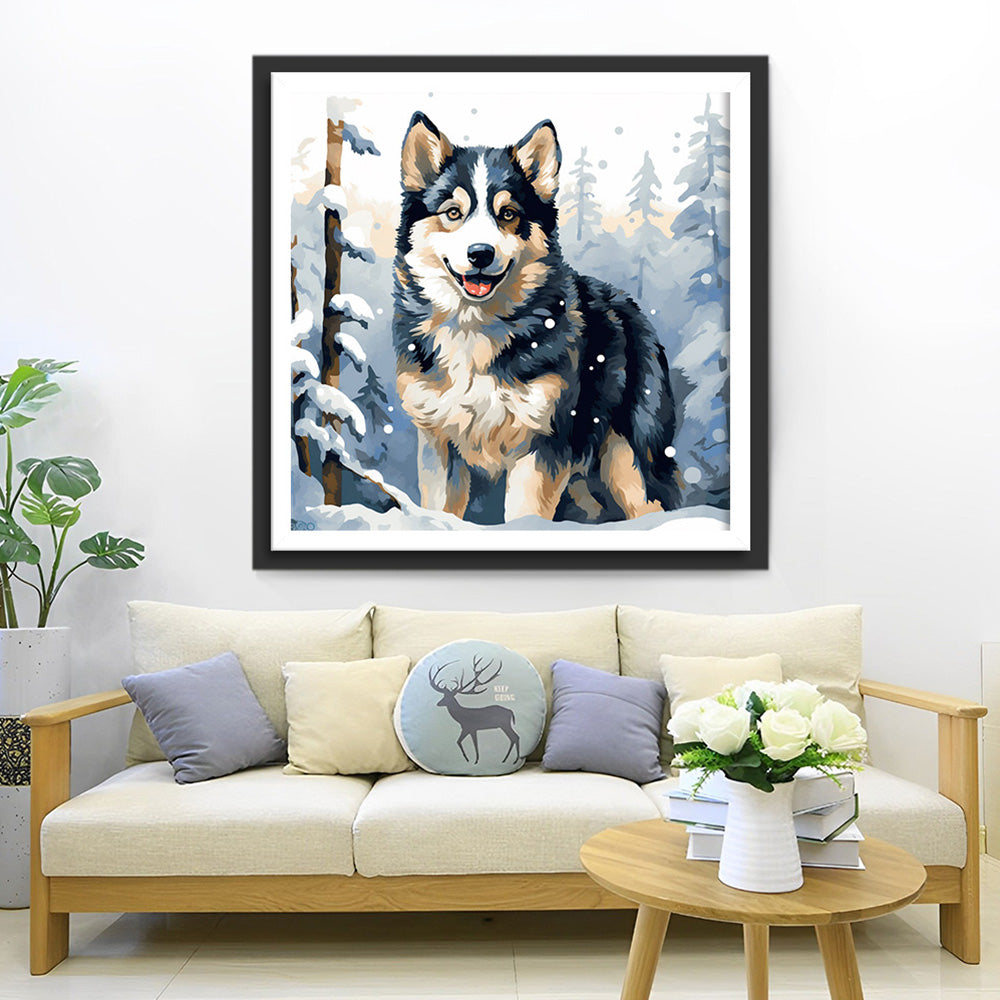 Hund im Schneewald Diamond Painting