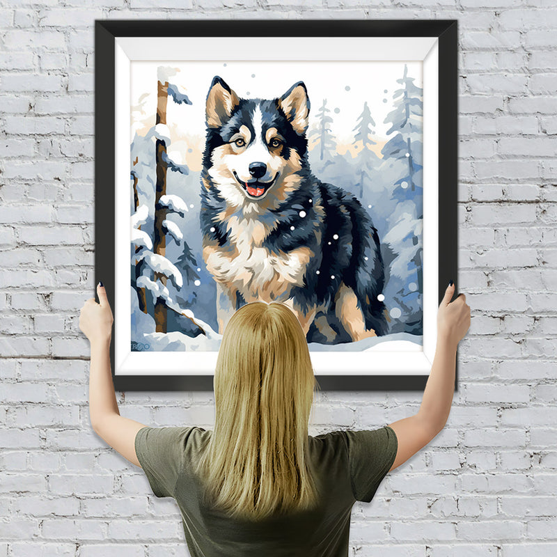 Hund im Schneewald Diamond Painting